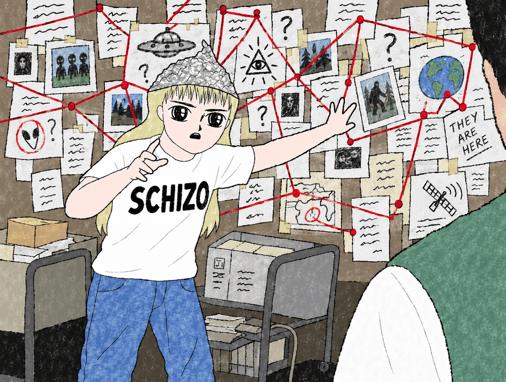 Schizo stands in front of a wall of pinned papers joined by red string, one arm pointing at a photograph, the other gesturing toward the viewer