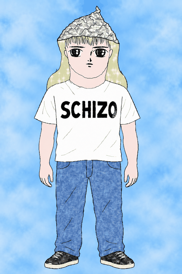 Full-body MS Paint drawing of Schizo: tinfoil hat, white T-shirt reading SCHIZO in black block letters, blue jeans, dark sneakers