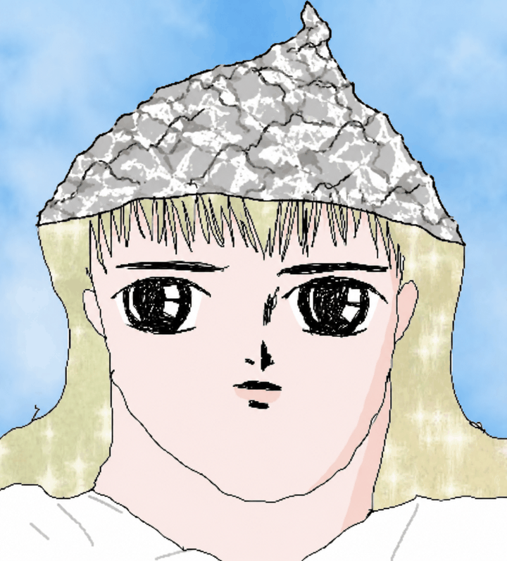 Schizo: pale broad face, enormous scribbled black eyes, shoulder-length blond hair and a crumpled tinfoil hat, drawn in MS Paint against a cloudy blue background